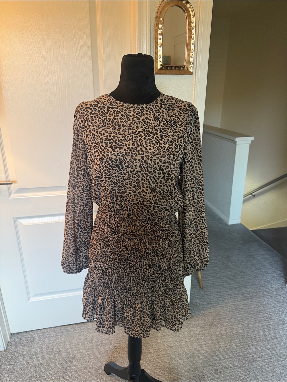 Dress Forum Leopard Print Long-Sleeve Smocked Waist Dress - Tan/Black